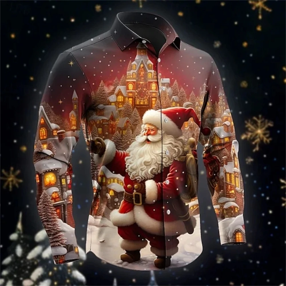 2025 Santa Claus Print Men's Shirt Autumn Long Sleeve Shirt Fashion Lapel Button Top European Size Men Clothing Christmas Shirts