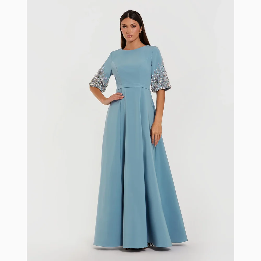 

Роскошные вечерние платья с круглым вырезом и половиной рукавов Элегантные платья для выпускного вечера с кристаллами Синее платье трапециевидной формы длиной до пола, платье для выпускного вечера по индивидуальному заказу 2026