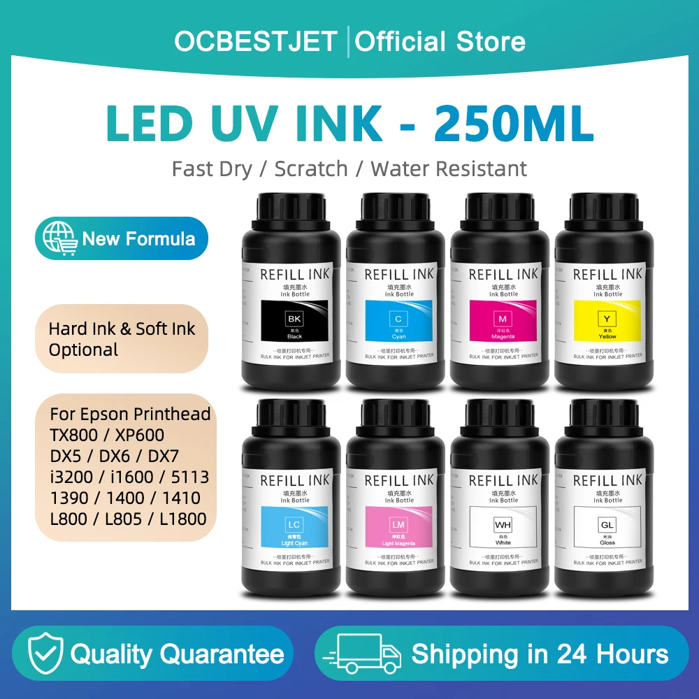 

250 мл УФ-чернила для УФ-отверждения для Epson XP600 TX800 L800 L805 L1800 1390 R1390 1400 DX5 DX7 DX10 i3200 i1600 4720 5113 УФ-принтер