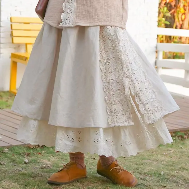 Johnature Vintage Mori Cotton Linen Patchwork Lace Skirts 2023 Autumn New All Match Elastic Waist Japanese A-Linen Women Skirts