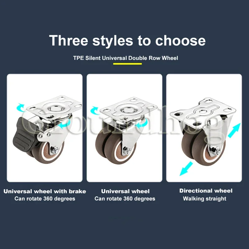 4Pcs/set Heavy Duty Silent Swivel Castor Wheels 1.5/2 Inch Double Row Rubber Wheel with Brake for Trolley Furniture Caster