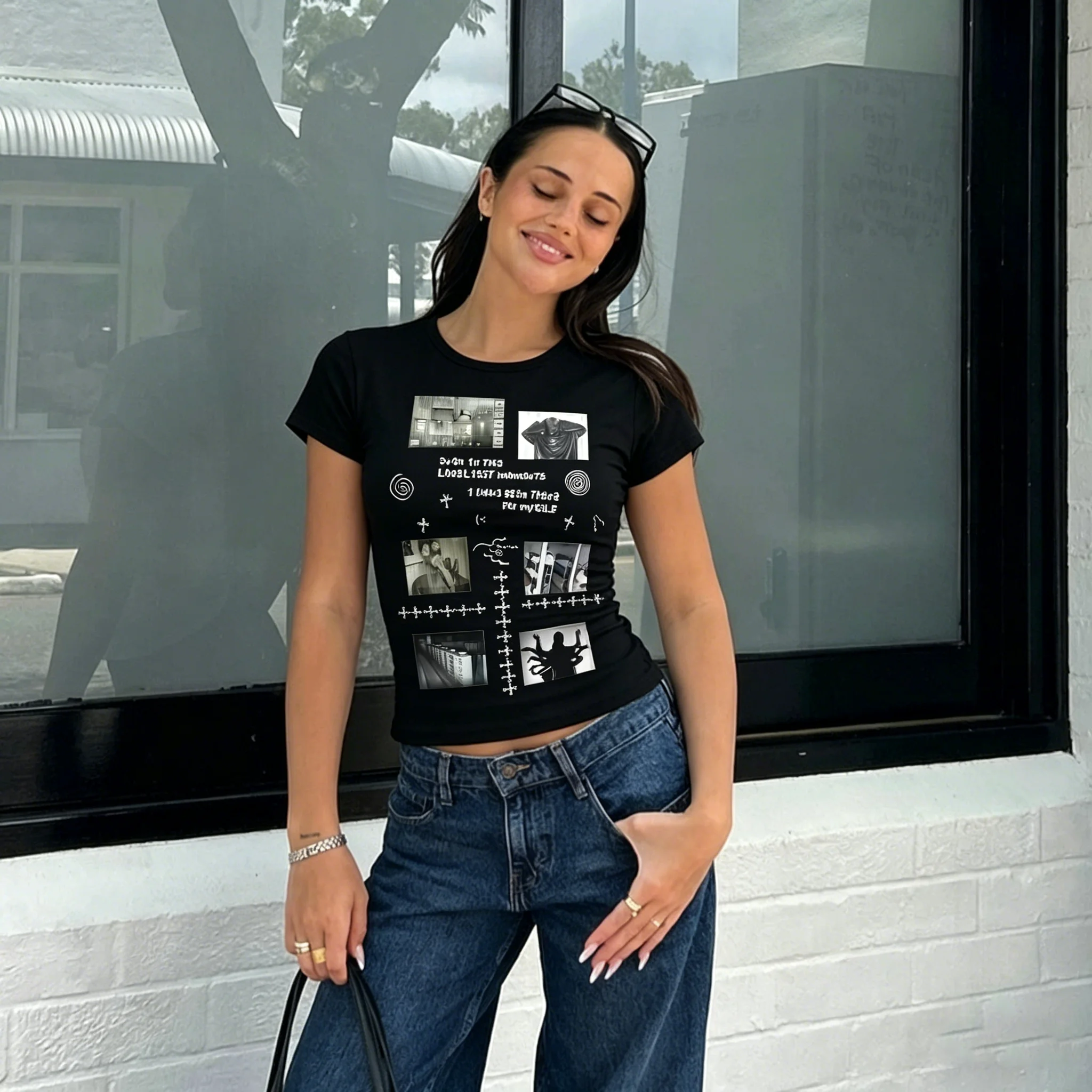 Camiseta ajustada con estampado de dibujos animados, estilo urbano original, tendencia retro, estilo americano, hip-hop, rock