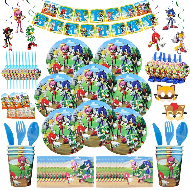 New Cartoon Sonic Party Supplies Boys Birthday Party Disposable Tableware Set Paper Plate Cup Napkins Baby Shower Decorations