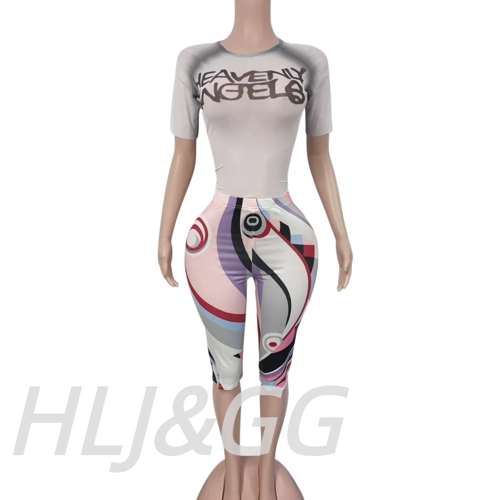 HLJ&GG Y2K Fashion Mesh See Though Letter Tshirts Two Piece Sets Women Round Neck Slim Crop Top And Shorts Outfits Streetwear view 5