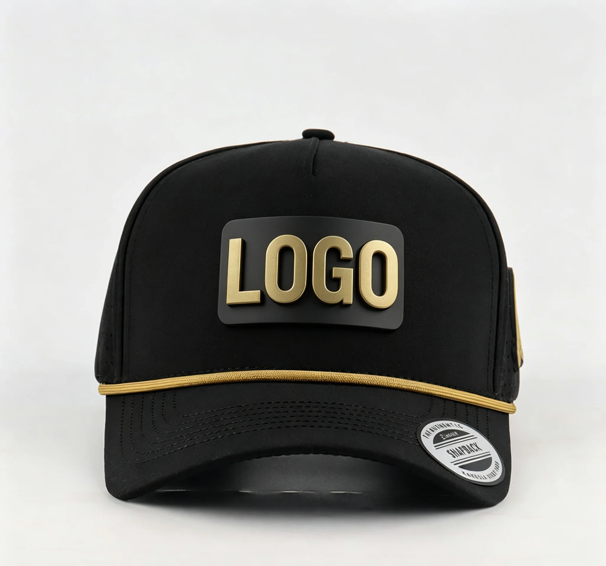 Black Waterproof Sports Running Cap with Laser Cut Hole Custom Rubber Logo Patch Men's Polyester Rope USA Performance Hat