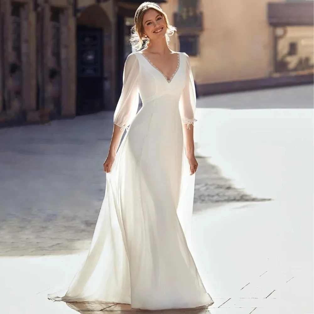 

Simple Gorgeous Satin Wedding Dresses Beautiful Bridal Long A Line Backless Beach Fluffy Mopping Bride Gown Sweep Train Robe