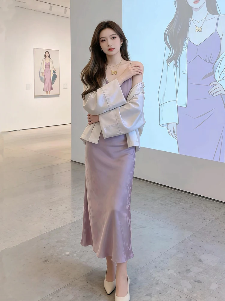 

Spring New Style Women's Outfit Traditional Chinese National Style Purple Dress And Blouse Set Comfortable Loose Fit Spring F...