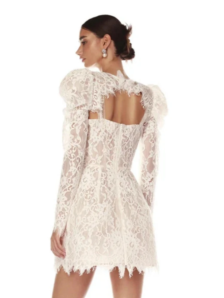 Sexy O Neck Long Sleeve Lace Floral Mini Dress Women White Backless Luxury Bead Strap Slim Dresses Elegant Evening Party Gown