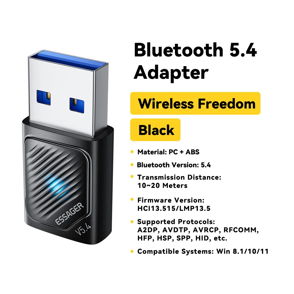 Essager USB Bluetooth 5.4 Adapter Draadloze Zender Ontvanger Voor PC Laptop Driver Gratis Voor Win10/11 Bluetooth Toetsenbord Muis