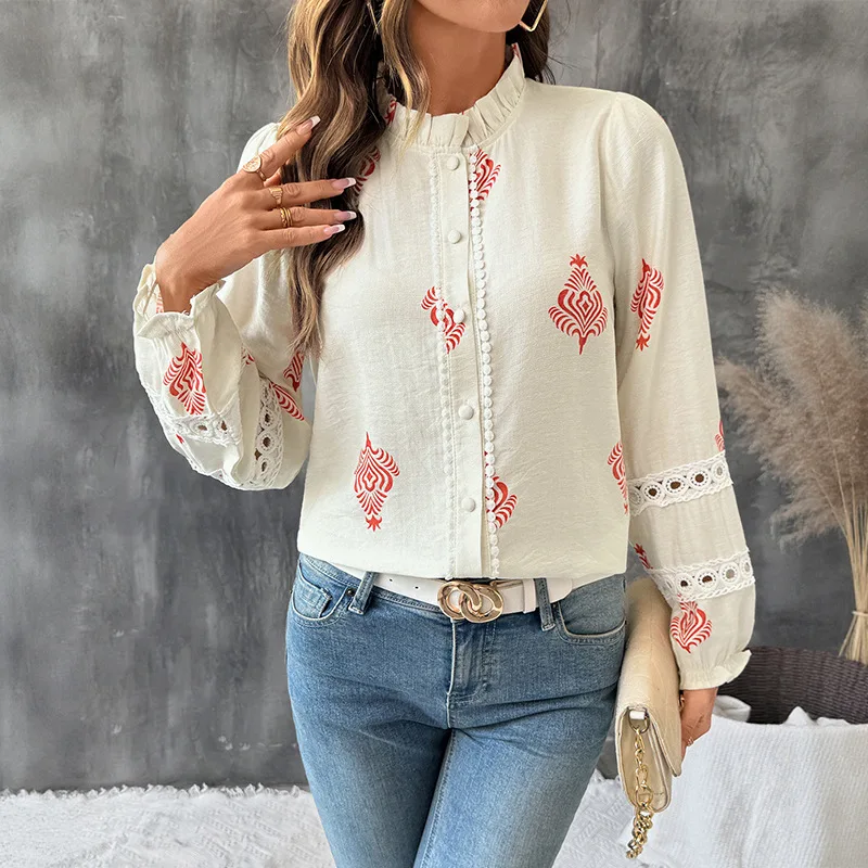 Elegant Viscose Shirts Women Casual Print Button Lapel Blouses Shirts Autumn Lace Splicing Long Sleeve Loose Tops Tunic Blusas