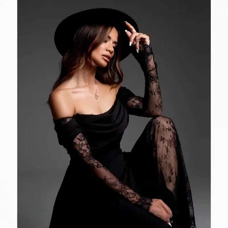 فستان سهرة عنابي مخصص بدون أكتاف دانتيل وأكمام طويلة على شكل حرف A فستان حفلات بفتحة الفخذ بطول الأرض فستان أنيق للحفلات #4