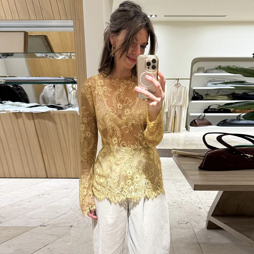 Women's Fashion Elegant Lace Hollow Out See Through Slimming Long Sleeve T Shirt Commuter Versatile Design Niche Mature Wear Top