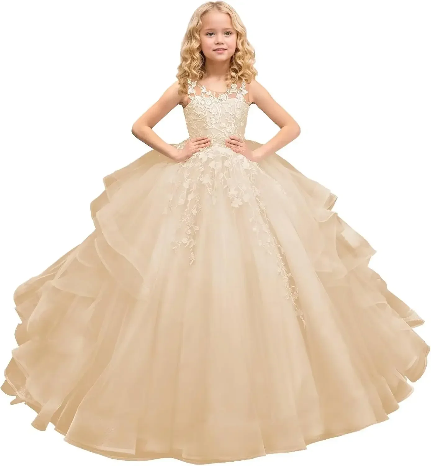 Tulle Princess Sleeveless Pageant Dresses Flower Girl Dress Long Lace Applique Kids Birthday Party Ball Gown Pageant Dresses