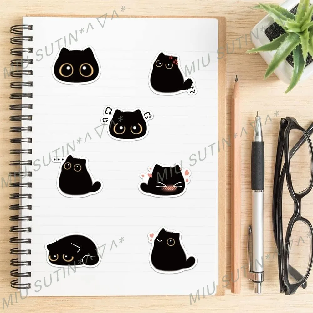 40/80Pcs Cute Black Cat Stickers Funny Cartoon Cat Meme Stickers Pack Waterproof Animal Kitten Sticker for Water Bottle Laptop