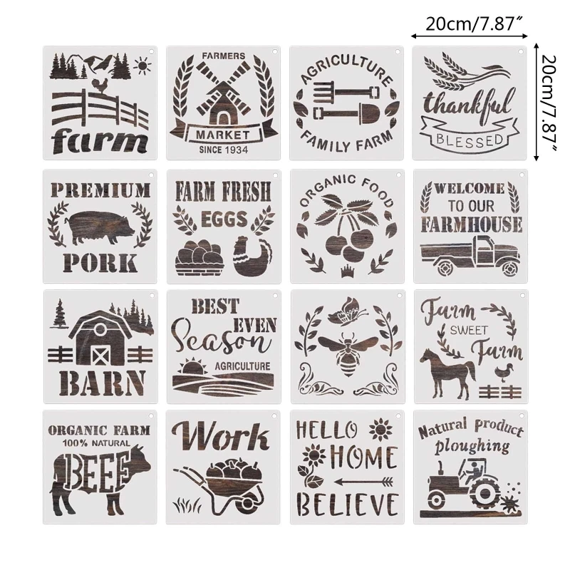 16 Pieces Farmhouse Stencils Reusable PET Templates for Painting on Canvas