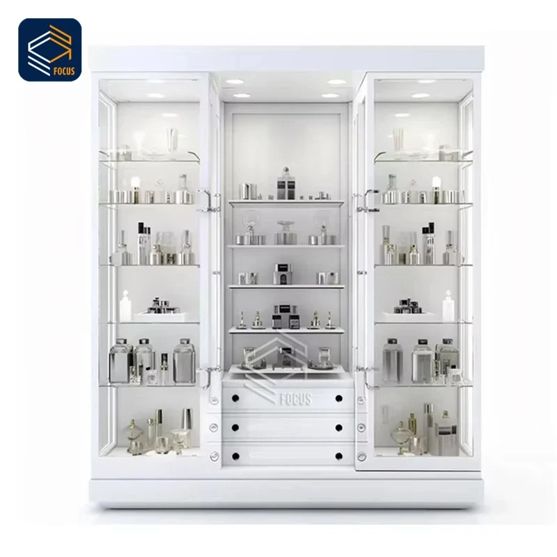 custom.Modern Glass Display Showcase with Black and Gold Frame Multiple Shelves Retail Product Display Cabinet