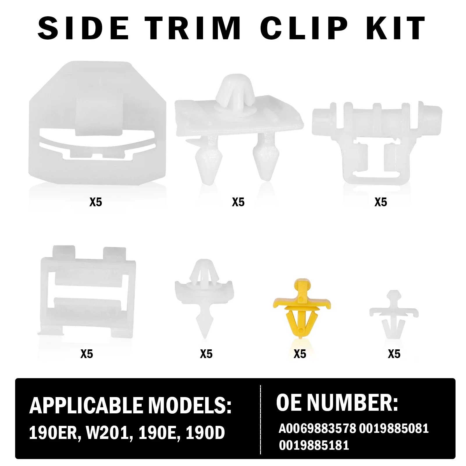 5 Set Side Trim Clips Kit Compatible with 190 Series W201 190E 190D A0069883578 0019885081 Door Side Trim Strips Fasteners