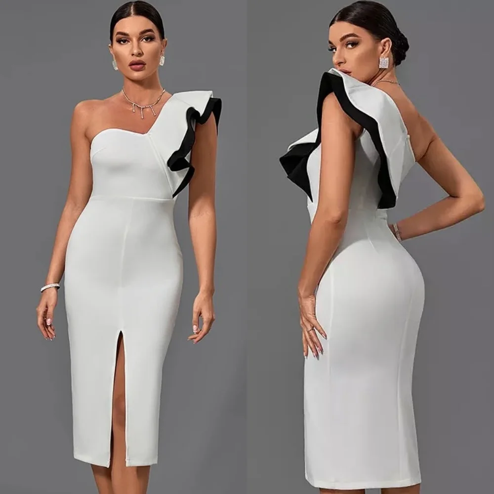 

Customized Modern Style Simple Jersey Ruched Pleat Straight One-shoulder Tea Length Dresses Bespoke Occasion Dresses Formal Sexy