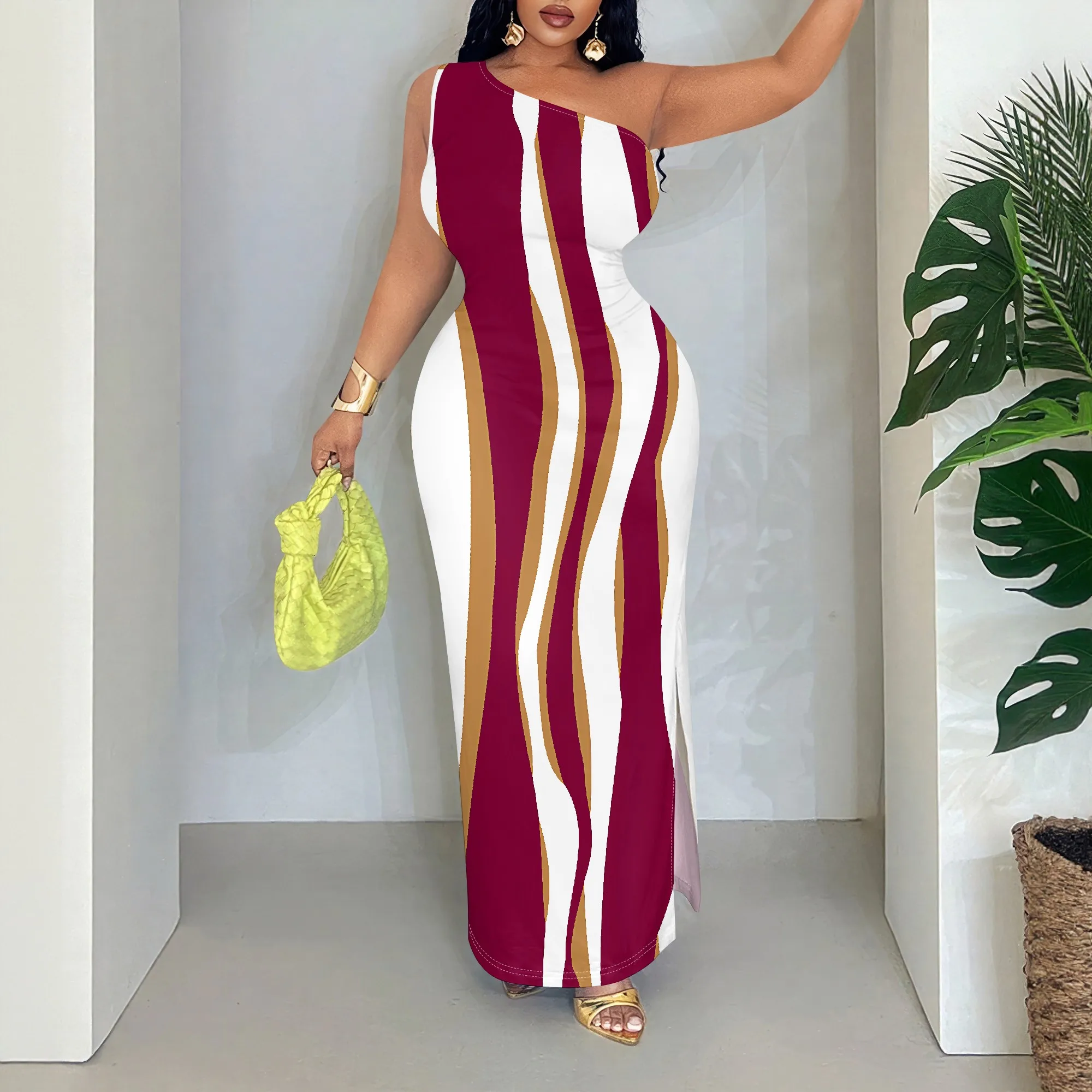 

Striped Asymmetric Dress, Sleeveless One Shoulder Maxi Dress, Wine Red Gold White Vertical Print Gown, Elegant Party Wear S-2XL