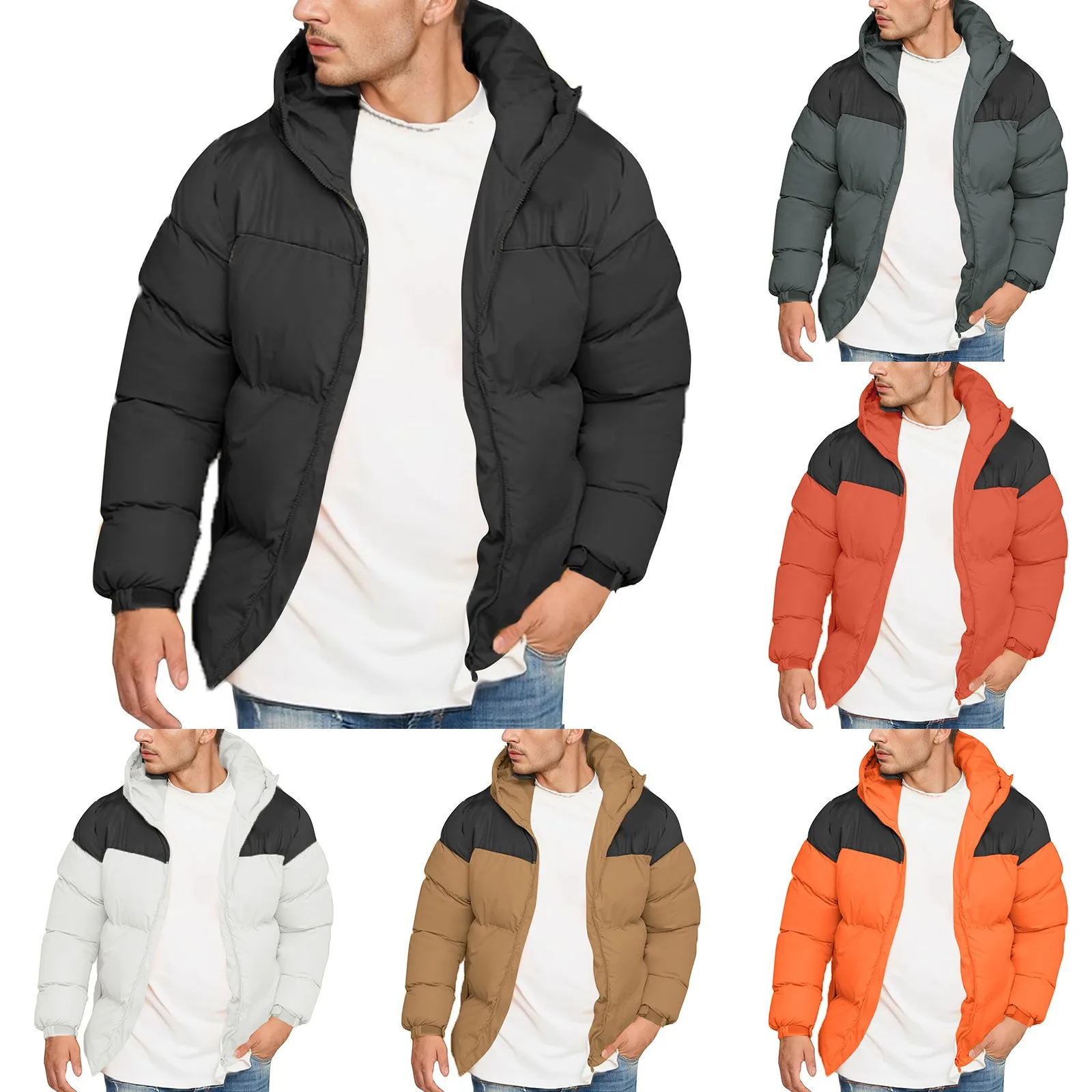 Mens Padded Jacket Autumn Winter Thick Cotton Zippers Hooded Coat Simple Color Block Puffer Parkas Casual Outdoor Male Outwears