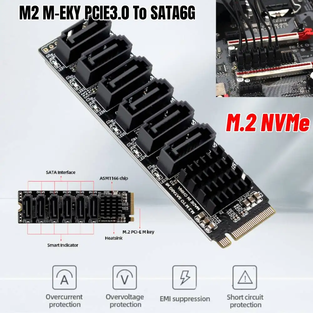 

M.2 NVME PCI-E PCIE X4 X8 X16 to 6 Port 3.0 SATA Adapter Card Riser ASM1166 Chassis Server PC Expansion Card Support SATA Cable