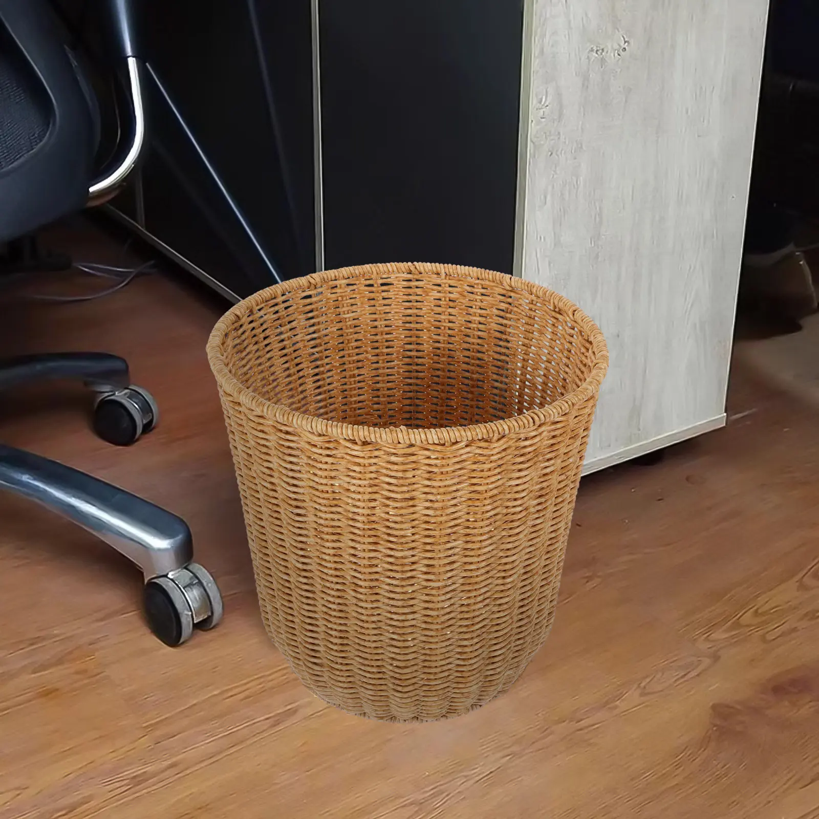 

Imitation Rattan Woven Trash Basket Storage Holder for Home Use Rustic Natural Style Living Room Bedroom Kitchen Sundries Basket