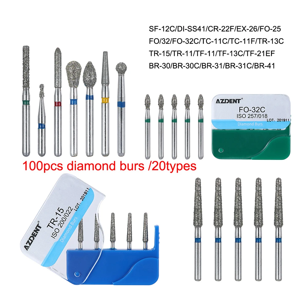 AZDENT 100 Pcs/20 Boxes Dental Diamond Burs Drill Dental Burs Dia-burs for High Speed Handpiecess Medium FG 1.6M Dentist