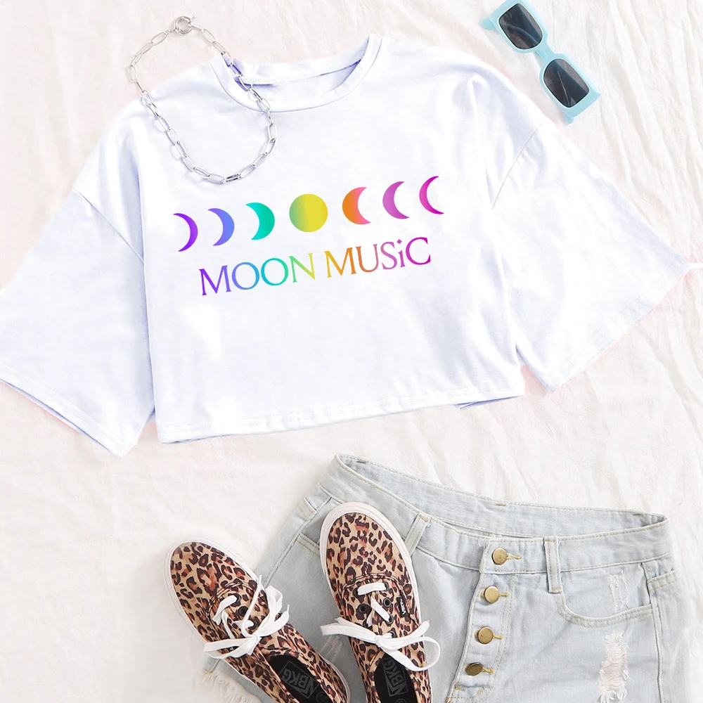 MOON MUSiC Girls O-Neck Casual Women Crop Shirts