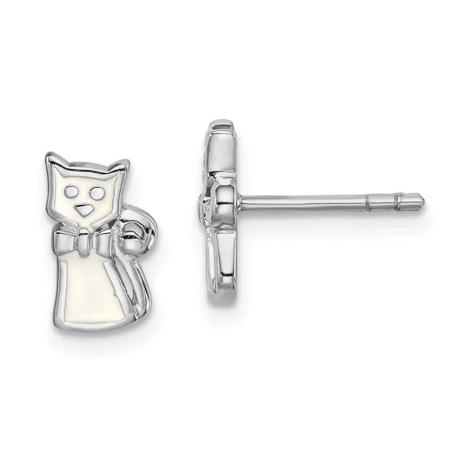 

Sterling Silver Rhodiumplated Polished White Enameled Cat 's Post Earrings