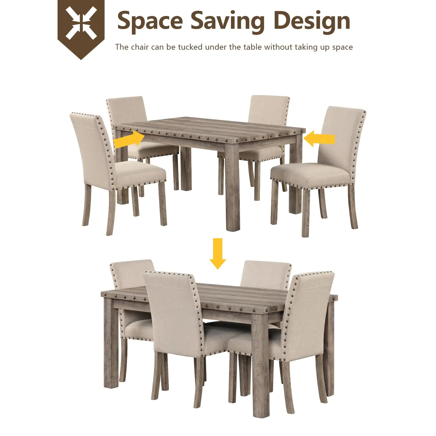 Farmhouse 5-Piece Dining Set for 4, 60" Rectangular Wood Table & 4 Upholstered Nailhead Accent Chairs, Custom