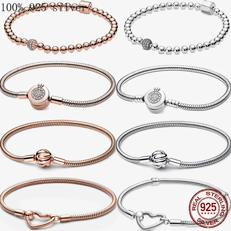 925 Sterling Silver Bracelet Charm Bead For Women Original Rose Gold Charms Heart Bracelets Bangles Snake Chain Diy Jewelry Gift