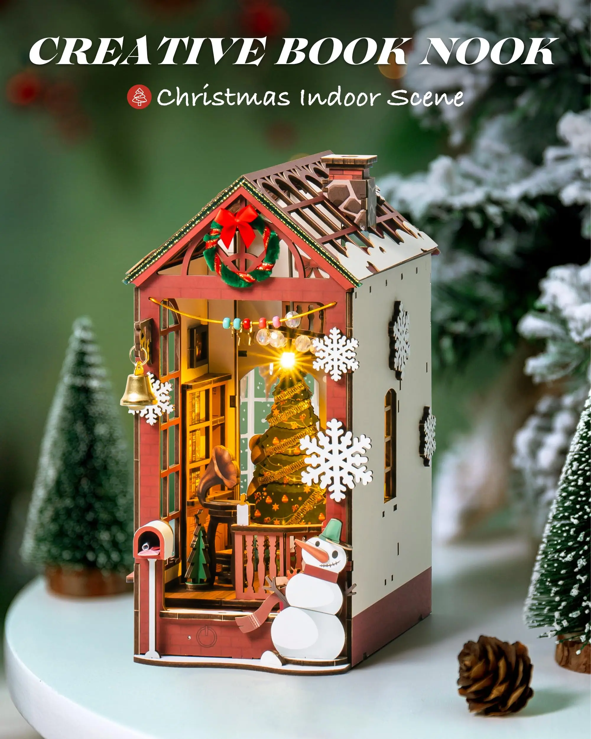 Robotime Rolife Book Nook Kit with LED Light 3D Wooden Puzzle Booknook Book Shelf Decoration DIY Miniature Christmas House