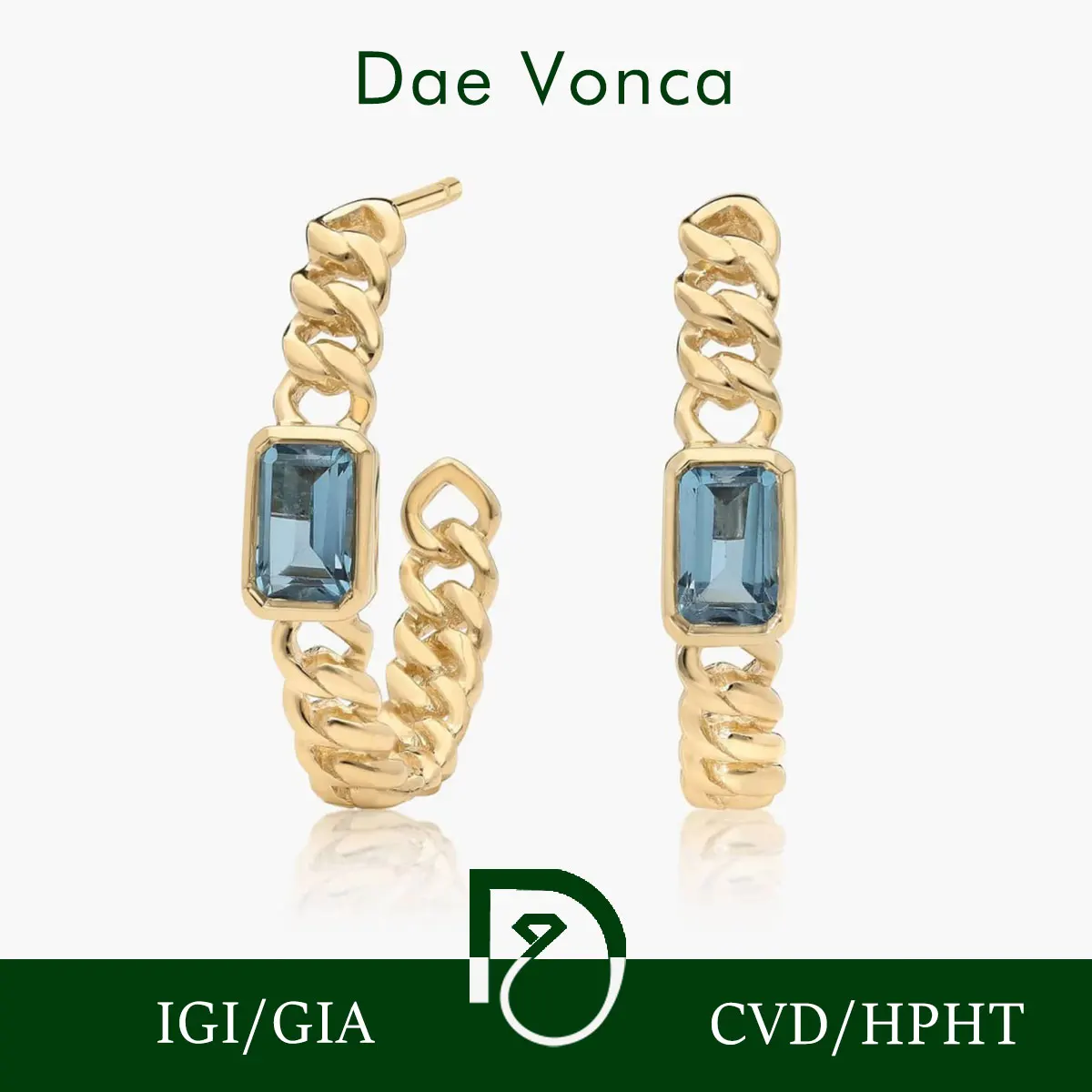 

14K Yellow Gold Solitaire Gemstone Earrings Emerald Cut Lab Grown Blue Topaz Earrings Curb Chain Hoop Earrings For Anniversary