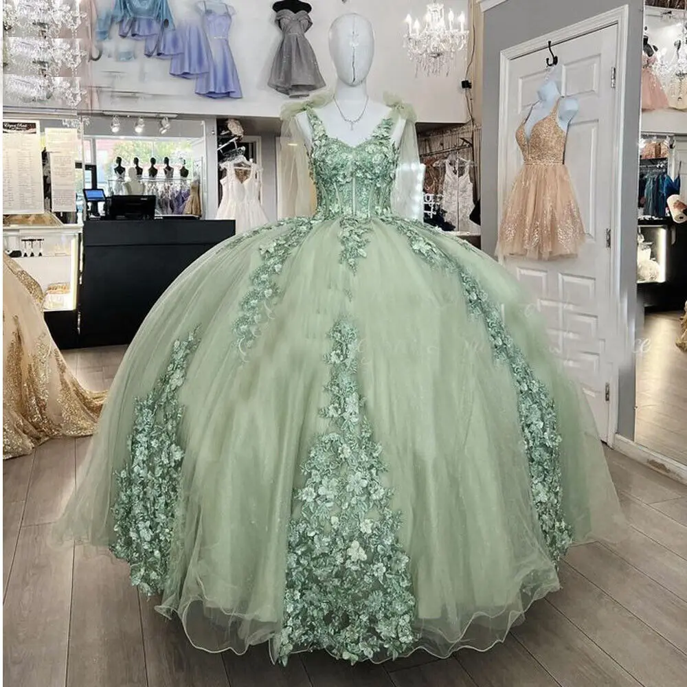 

ANGELSBRIDEP Sage Green Quinceanera Dresses Ball Gown Off The Shoulder 3D Flora Flowers Puffy Mexican Sweet 16 Dresses 15 Anos