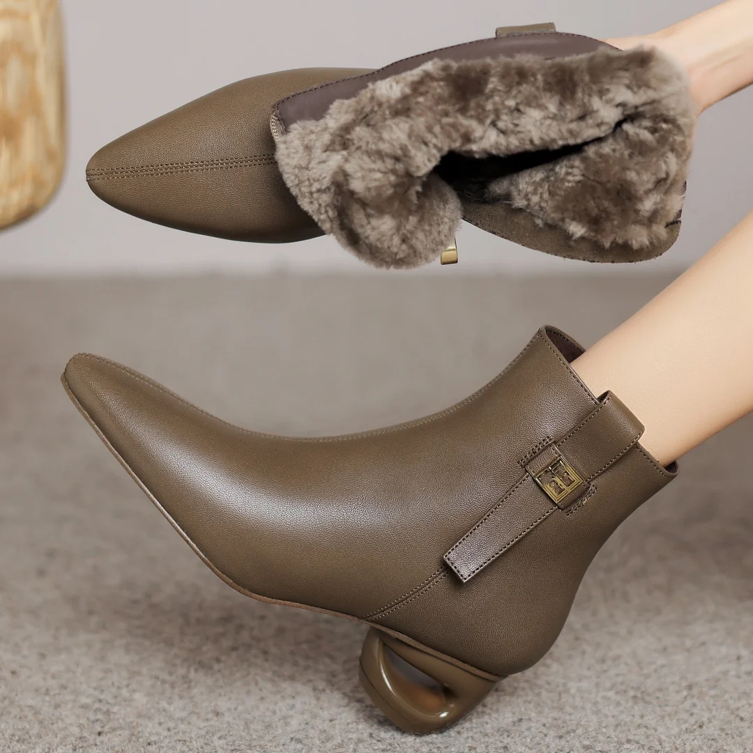 

Women's sheepskin wool inside 5cm thick med heel pointed toe winter ankle snow boots elegant ladies slim daily dress short boots