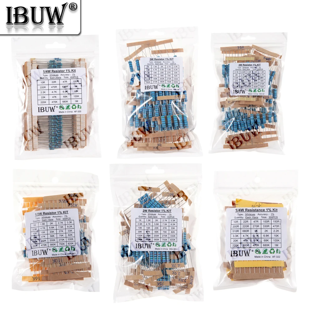 1/4W 1/2W 1W 2W 3W Widerstandsset 1% Metallschichtwiderstands-Sortimentskit 1K~820K 0,1R~750R 10K