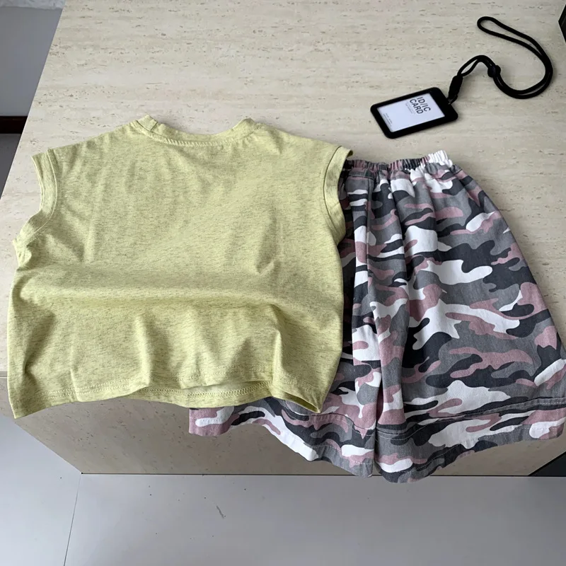 Children CLothes Set 2026 Summer New Fashionable Cartoon Vest and Camouflage Shorts Stylish Boys Simple Two Piece Set
