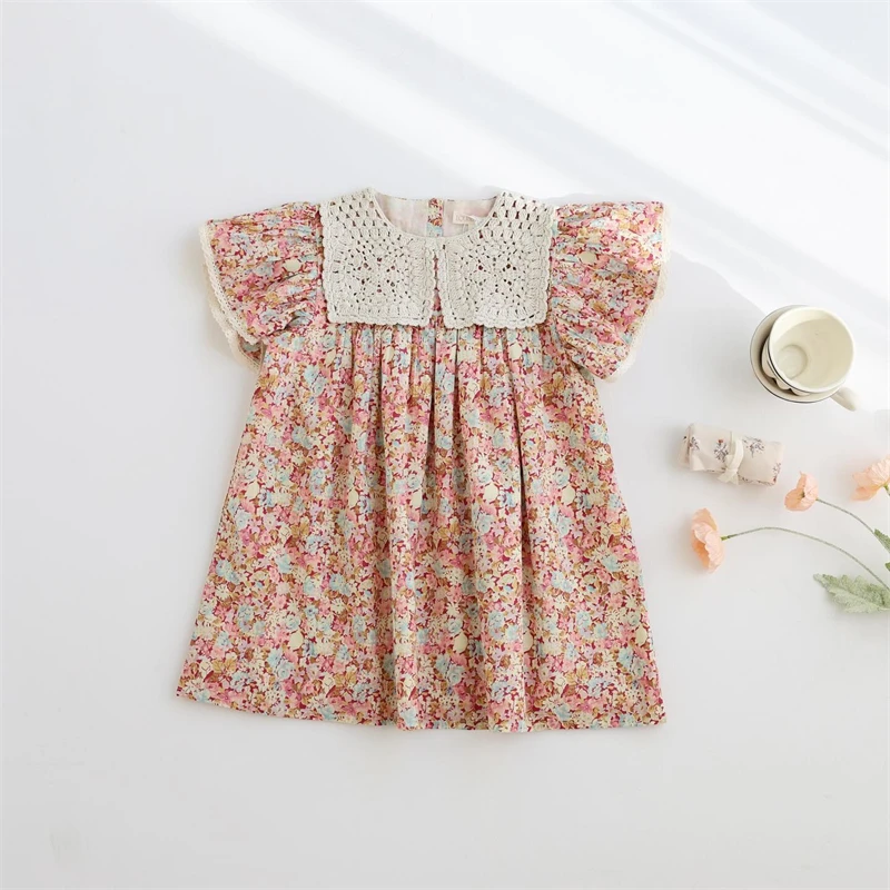 Girls Dress Bonpoint Clothing Kids 2024 Summer Dresses Girls Elegant Dresses Crew Neck Hand-embroidered Princess Dress For Girls