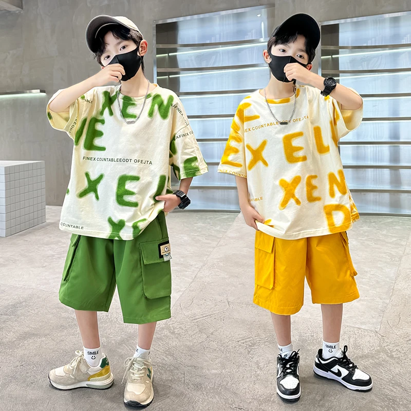 2026 New Fashion Tween Boys Summer Sets Clothing Kids Cotton T-shirt Shorts 2 Pieces Tracksuit Age 5 6 7 8 9 10 11 12 14 Years