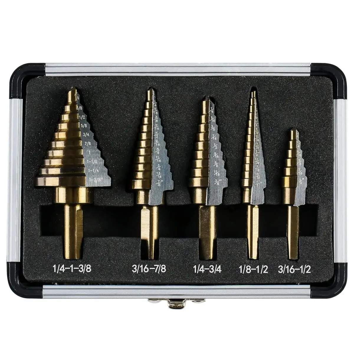 5pcs  Cobalt Step Drill Bit SetHSS Multiple 50 Sizes Titanium Coated Conical Hole Cutter Punch Tool for Stainless Steel Iron Sheet Metal Wood Drilling Hardware with Aluminum Case