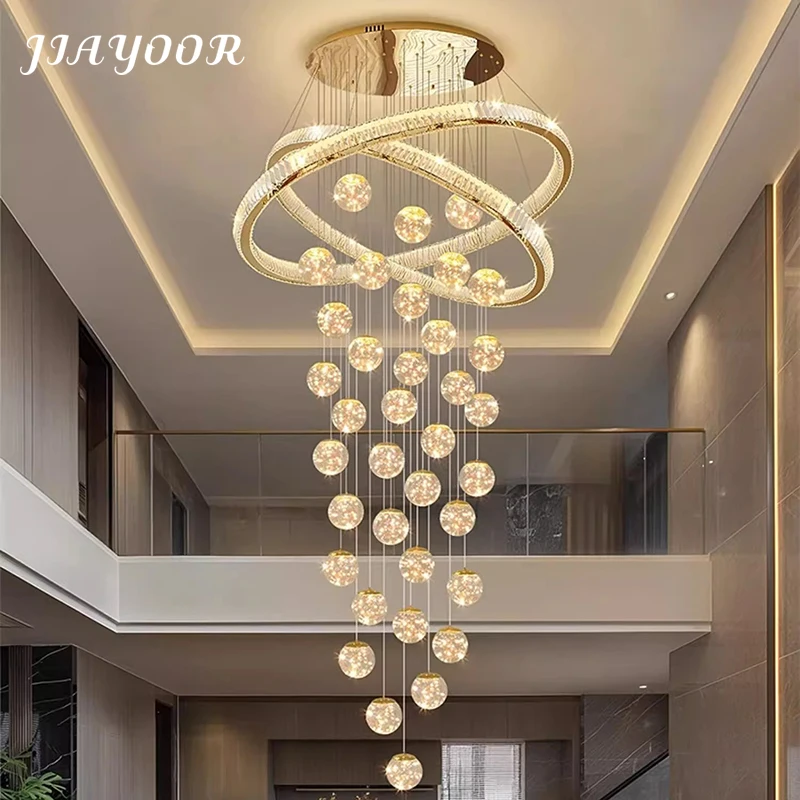 

Light Luxury Crystal Stair Chandelier Villa High Ceiling Living Room Lamp Loft Apartment Grand Main Modern Interior Lighting