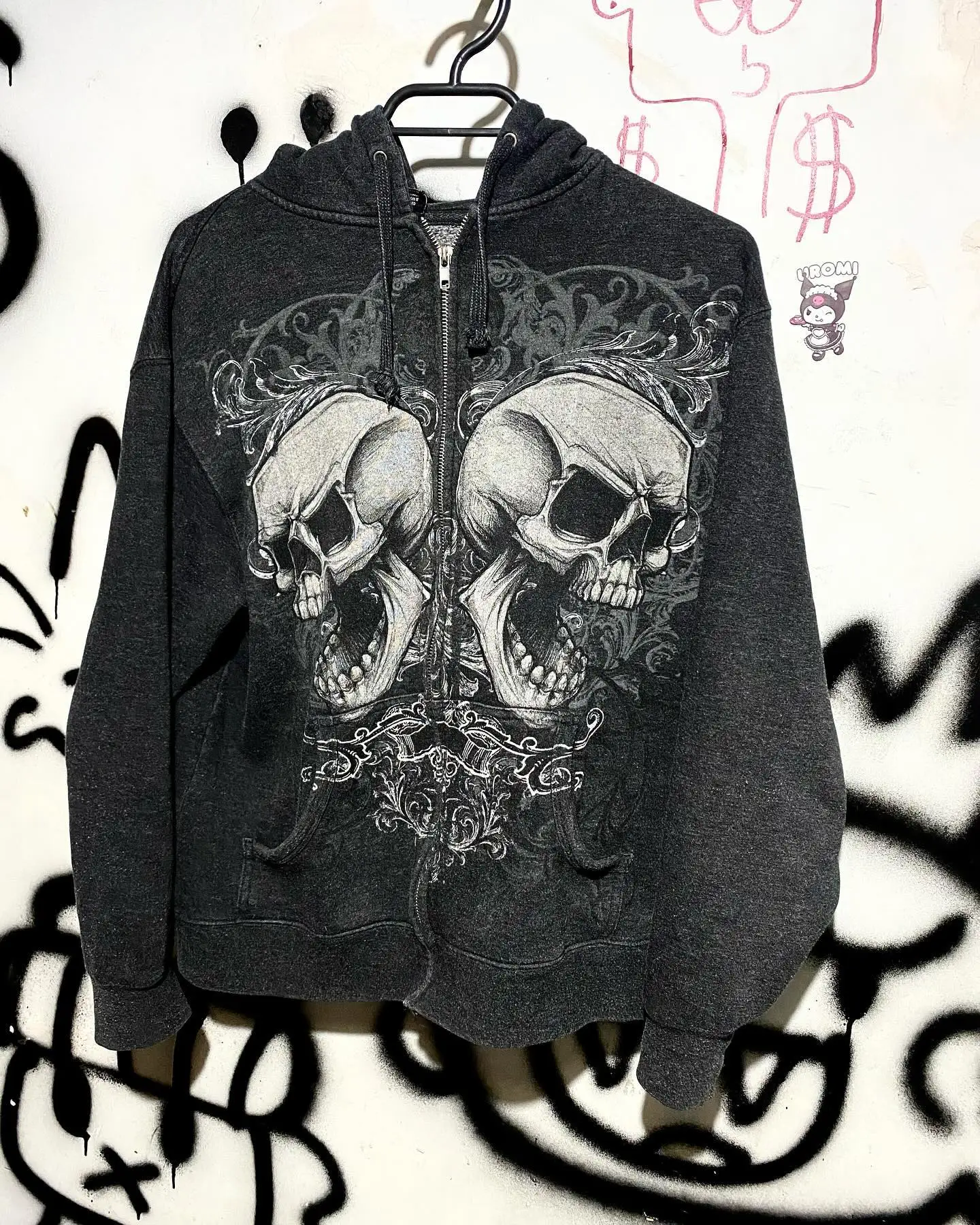 Y2K New Retro Skull Print Hoodie Street Hip Hop Loose Zipper Hoodie Men\'s Harajuku Gothic Punk Casual Loose Long Sleeve Hoodie