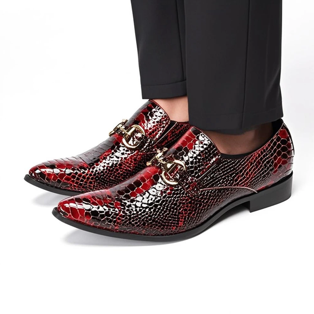 BOARD British Style Mens Metal Pointed Toe Dress Shoes Big Size Genuine Leather Stone Pattern Business Men Oxford Shoes