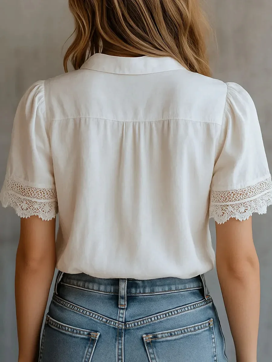 

Женская винтажная кружевная блузка 2026 года, летняя, с коротким рукавом, ажурная, полупрозрачная, свободного кроя, элегантная, повседневная