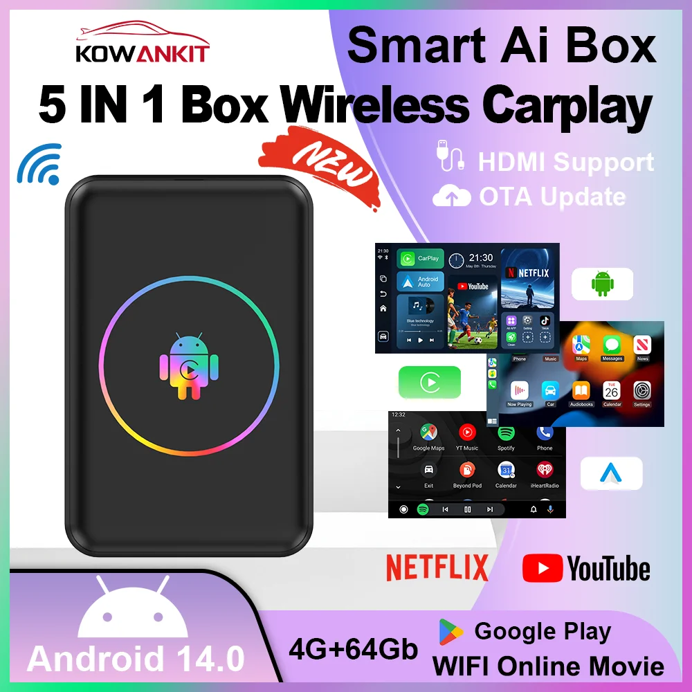 2026 Android 14 4+64G Wireless CarPlay Ai Box Kowankit Smart HDMI Plug & Play 5 in 1 Android Auto Car Tv Box For YouTube Netflix