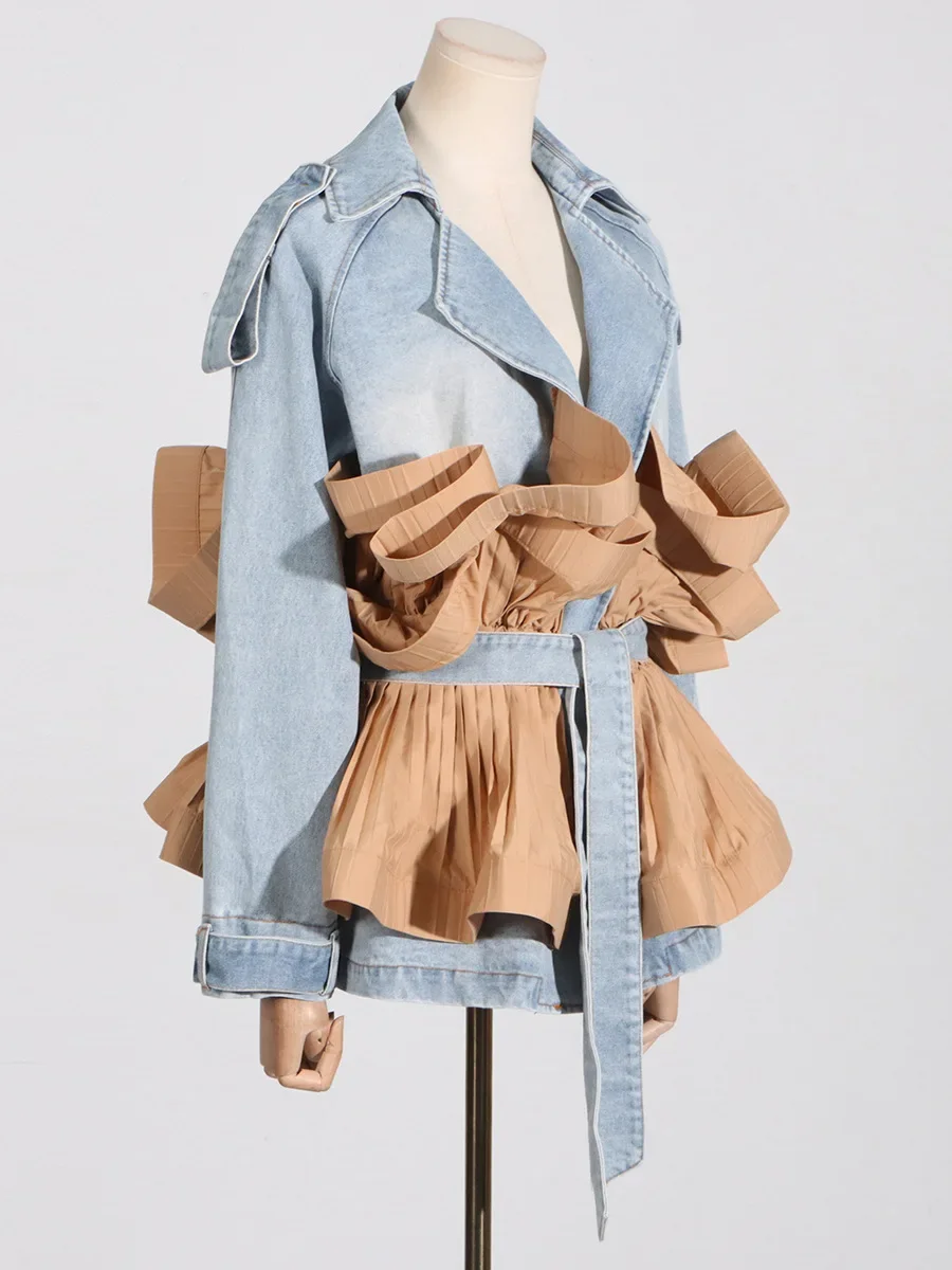 Colorblock Designer Spliced Belt Coats For Women Lapel Long Sleeve Patchwork Ruffles Casual Loose Denim Jacket Female New