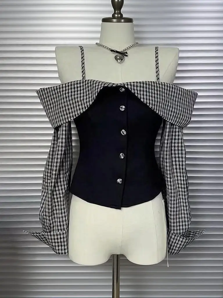 Elegant Off Shoulder Long Sleeve Tops Women Fake Two Piece Plaid Shirts Sexy Basic Casual Tees Lady Basic Thin Strap Blouses