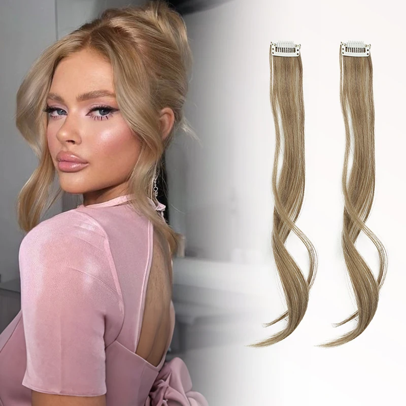 2 PCS Synthetic Long Temples Bangs Long Side Air Bangs 14inch Long Wavy Curly Clip in Bangs Front Side Bangs for Women Daily Use