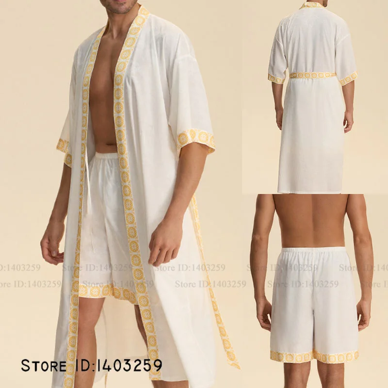 Baroque Style Kimono Bathrobe Gown Homewear Men Kimono Robe Set Vintage Pajamas Set Loose Print Silk Satin Night Wear Loungewear