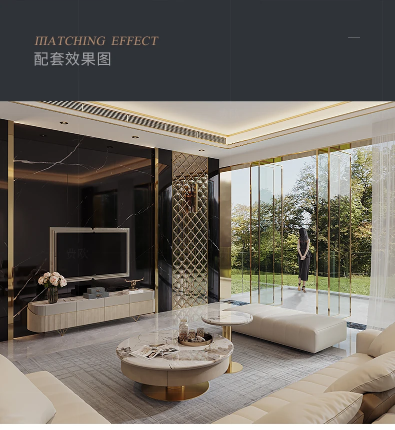 ตู้วางทีวีสไตล์หรูหราเบาๆ หินอ่อน สำหรับห้องนั่งเล่น ดีไซน์ทันสมัย ปรับแต่งได้ โต๊ะกาแฟสไตล์อิตาเลียนหลังยุคโมเดิร์น ระดับไฮเอนด์ พร้อมงานพ่นสีโดยดีไซเนอร์